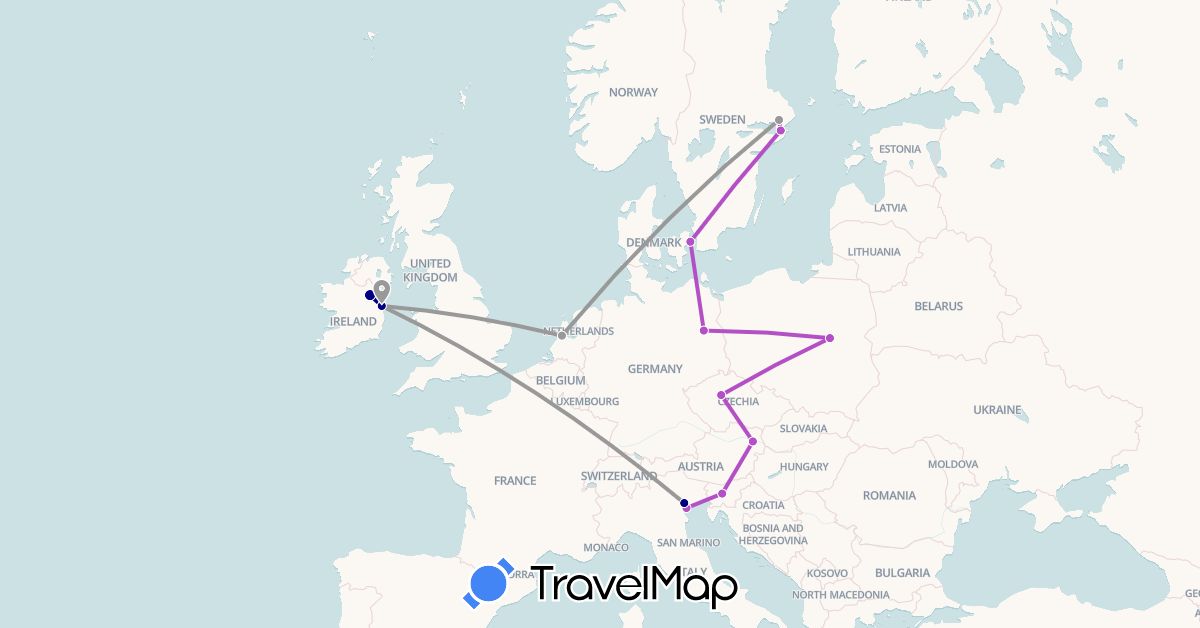 TravelMap itinerary: driving, plane, train in Austria, Czech Republic, Germany, Denmark, Ireland, Italy, Netherlands, Poland, Sweden, Slovenia (Europe)